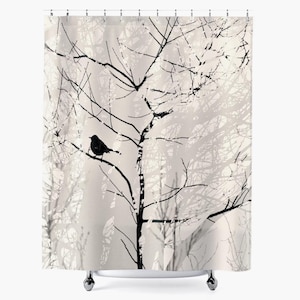 Bird in Tree Shower Curtain: Neutral Understated Nature Bath Decor