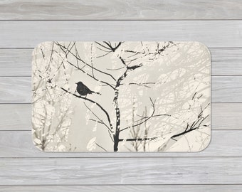 Bird in Tree Bath Mat, Graphic Mockingbird Silhouette, Choose Brown or Black, Bathroom Floor Mat