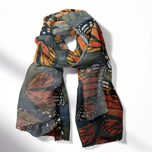 Light Scarf in Monarch Butterfly Wings Print, Marbled Grey Orange Black White