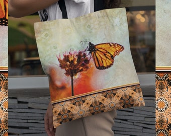 Monarch Butterfly Tote Bag, Butterfly and Gothic Mandala Tile Print Shoulder Bag, Gift for Butterfly Lover