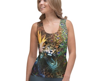 Stretchy Tank Top Exotic Leopard Peacock Feather, Form Fitting Summer Clothing in a Jungle Cat Animal Print and Floral Print
