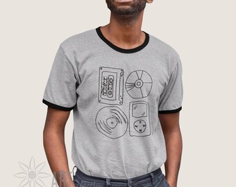 Music Lover Ringer T-Shirt Unisex, Primitive Cassette Tape CD LP Listening to Music Theme Drawing Graphic, Men or Women Retro Style Tee