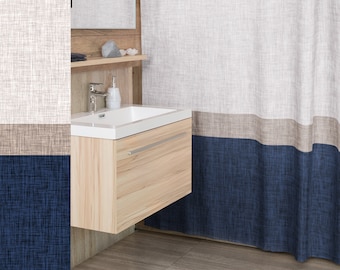 Fabric Shower Curtain Simple Stripe Colour Block in Dark Blue Tan Taupe Colour Palette, Modern Abstract Bath Décor