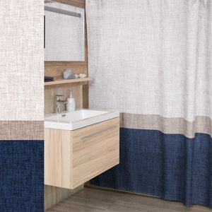 Fabric Shower Curtain Simple Stripe Colour Block in Dark Blue Tan Taupe Colour Palette, Modern Abstract Bath Décor