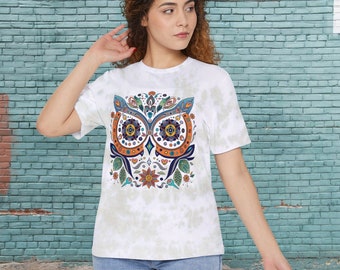 Mexican Style Owl Mosaic Tie-Dyed T-Shirt, Summer Bird Face Tee Unisex Fit