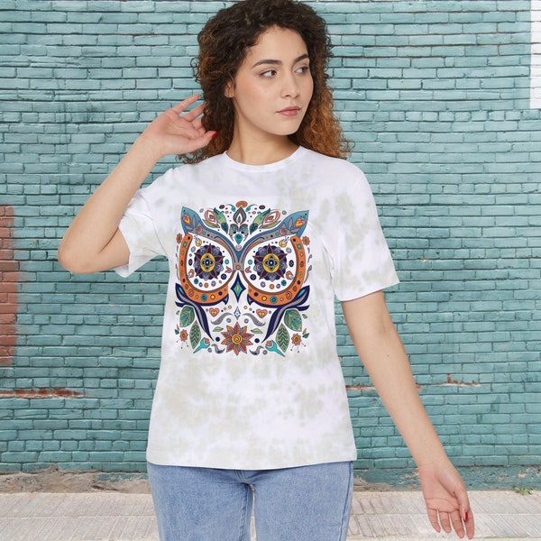 Mexican Style Owl Mosaic Tie-Dyed T-Shirt, Summer Bird Face Tee Unisex Fit