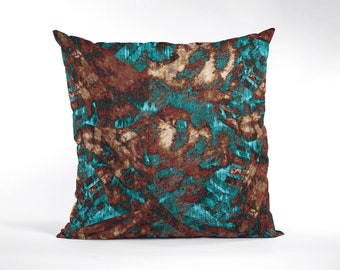 Grunge Abstract Pillow Cover, Couch or Chair Throw Cushion in Modern Distressed Scratch Print Pattern, Blue-Green Brown Tan