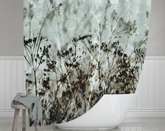 Queen Anne's Lace Print Fabric Shower Curtain, Green Blue Brown Botanical Bath Décor, Ships from USA