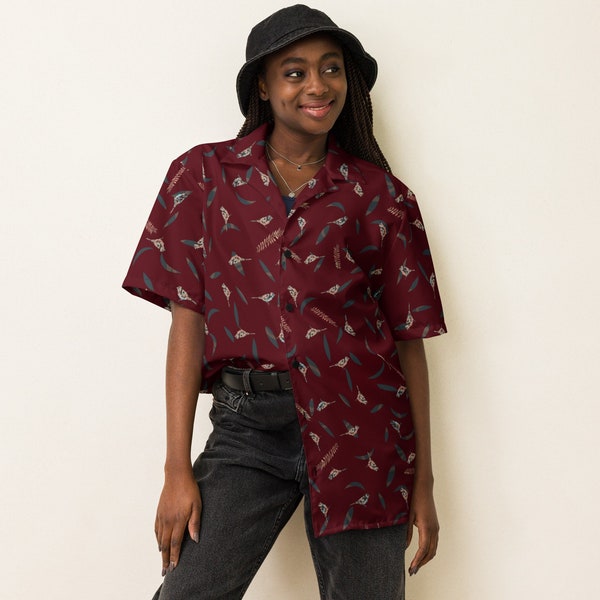 Birds Leaves Print Short Sleeve Shirt Unisex Fit, Light Layering Summer Button Up Top, Dark Wine Red Nature Dress Shirt