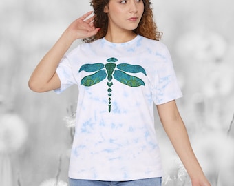 Boho Dragonfly Unisex T-shirt, Tie Dye Tee Olive Green or Light Blue, Paisley Insect Print Light Summer Top
