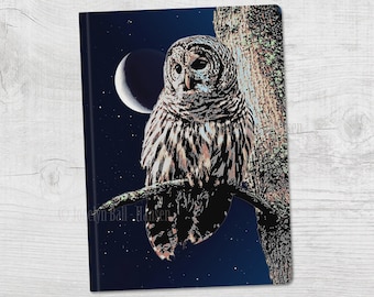 Owl and Moon Journal, Writing or Sketching Booklet, Gift for Artist, 48 Pages Blank or Ruled, 2 Size Options