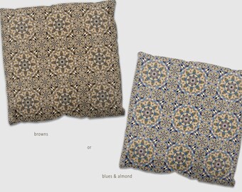 Brown Mandala Outdoor Pillow Cover and Insert, Patio Chair Cushion, Choose Neutral Brown Gray or Blue Khaki Almond Palette