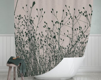 Botanical Shower Curtain Green and Rosy Tan in Dried Plants Print, Machine Washable Polyester Weave Flowers Bath Decor