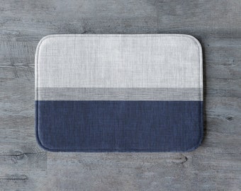 Plush Bath Mat Nautical Grey Blue Stripe Crosshatch, Microfiber Memory Foam Small Soft Floor Mat