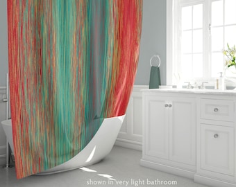 Bright Blended Lines Shower Curtain in Medium Light Weight 100% Polyester Fabric, Peacock Green Red Orange Teal Mauve Vibrant Bath Décor