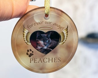 Glass Pet Memorial Ornament, Angel Cat or Dog Bespoke Hanging Round Decoration, One Sided 3.5" Diameter, Animal Tribute Gift for Friend