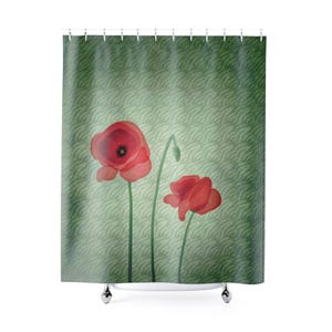 Poppy Flowers Shower Curtain in Polyester Weave Fabric, Red Green Floral Summer Bath Decor