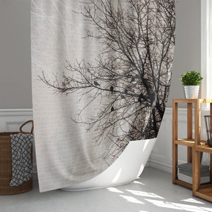 Fabric Shower Curtain in Doves in Tree Silhouette and Geometric Tile Print, Easy Care, Nature and Birds Bath Décor, Ships from USA!
