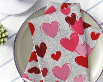 Set of 4 Napkins Pink Hearts on Grey Crosshatch Print on Front White on Back, Polyester Fabric Size 19"x19" each, Valentine's Day Party