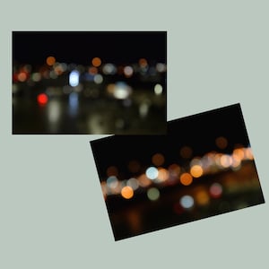 濡れた街のボケ味のデジタル写真のダウンロード、ぼやけた色の光と夜の濡れた舗装、暗い都市の抽象的なストック