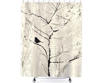 Bird in Tree Shower Curtain, Choose Charcoal Black or Dark Brown and Cream White Neutral Colour Palette, Polyester Fabric Nature Bath Décor