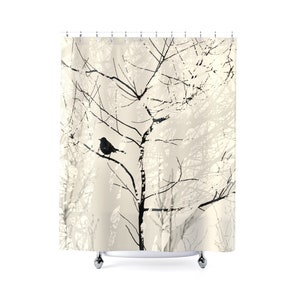 Bird in Tree Shower Curtain, Choose Charcoal Black or Dark Brown and Cream White Neutral Colour Palette, Polyester Fabric Nature Bath Décor