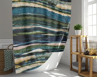 Blue Green Agate Stripe Shower Curtain, Abstract Graphic Rock Texture Pattern Print Bath Decor