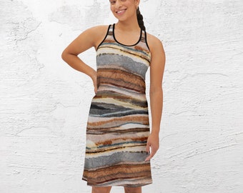 Racerback Summer Dress Abstract Agate Stripe Print, Neutral Earth Tones, Women's Swimsuit Beach Coverup