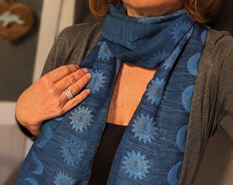 Light Airy Neck Scarf in a Celestial Sun and Moon print, Celestial Fashion Accessory for Summer and Fall, Blue Green Palette