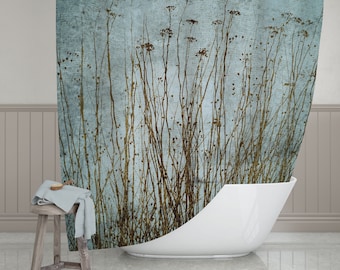 Dried Plants Blue Green Brown Grunge Print Shower Curtain Polyester Fabric, Modern Rustic Botanical Bath Décor Country Home, Ships from USA