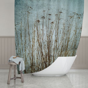 Dried Plants Blue Green Brown Grunge Print Shower Curtain Polyester Fabric, Modern Rustic Botanical Bath Décor Country Home, Ships from USA image 1