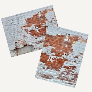 May include: Two images of a weathered brick wall with peeling white paint, revealing the red bricks beneath. The wall has a rustic, aged appearance, with visible textures and imperfections. The images are slightly angled, showcasing the wall's details.