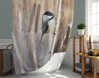 Chickadee in Marsh Shower Curtain Polyester Fabric, Nature and Bird Bathroom Décor Muted Brown Golden Tan and Dusty Purple Earthy Colours