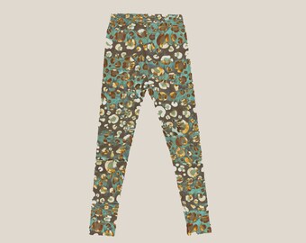 Compression Fit Leggings in Leopard Print Camo Pattern, Olive Green Brown Teal Cream Mosaic Animal Print Workout Wear