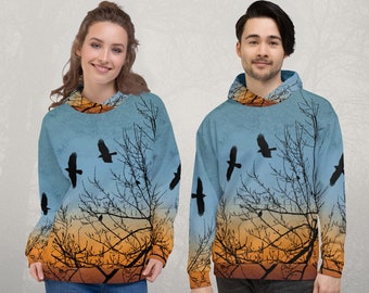 Ombre Crows Trees Unisex Hoodie Orange Teal Blue, Spooky Colourful Gothic Landscape Birds and Branches Silhouette Fall Pullover, Men Women