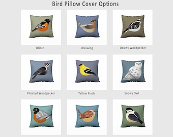 Bird Throw Pillow Cover: Choose 1 Wren, Woodpecker, Oriole, Robin, Owl, Yellow, Finch, Jay, Waxwing, Chickadee - Nature Cushion Case