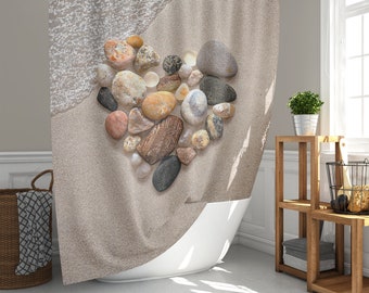 Beach Shower Curtain Beach Stones Heart on Sand with Gentle Wave Print,  Polyester Fabric Zen Landscape Bath Décor in Neutral Warm Tones