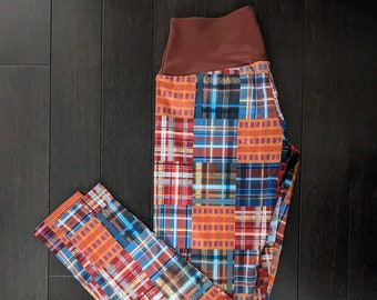 Patchwork Plaid Pattern Mod Style Yoga Leggings Size Large, Soft Stretchy Tartan Tile Pants Size L fits as a M (Sports Bra Not Included)