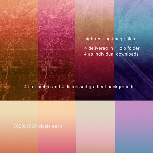 Gradient Digital Downloads Pink Rust Yellow Purple Blue, 4 Subtle Distressed Grunge Ombre Background Stock Images JPGs, POD Designing Use Ok