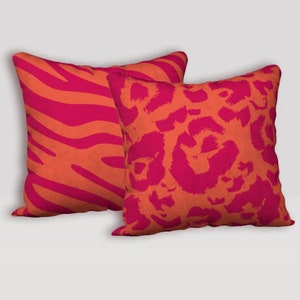 Safari Animal Print Pillow Cover, Hot Pink Orange Leopard Zebra Velveteen Cushion