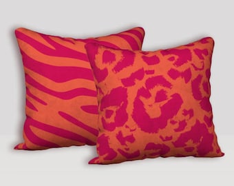 Animal Print Pillow Cover Hot Pink Orange, Leopard Spot Zebra Stripe Throw Cushion Case Luxurious Velveteen Fabric, 4 Size Options