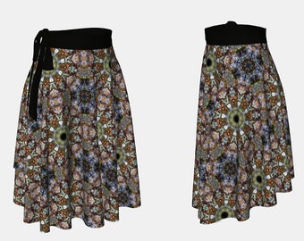 Hippie Mandala Wrap Skirt, Boho Multi Coloured Stained Glass Pattern Tie Skirt, Short Asymmetrical Hem Drapey Soft Skirt