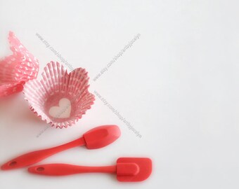 Simple Red Valentine Baking Theme Mock Up Styled Background Digital Photo Download with Kitchen Utensils and Cupcake Liners