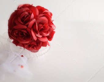 Digital Photo Download Valentine's Day Theme Styled Background Mock Up, Faux Red Rose bouquet in Crystal Bowl and Jewel Heart Organza Ribbon