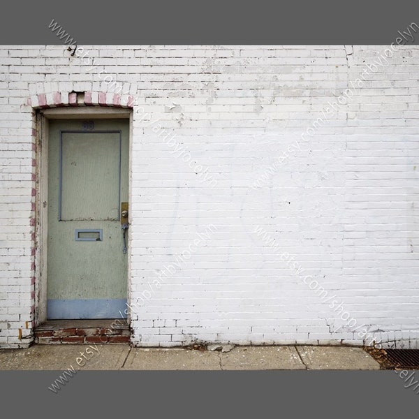 White Grunge Peeling Paint Outdoor Brick Wall and Green Door Digital Photo, Urban City Street Background Stock Photography Download