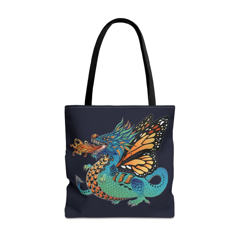 Monarch Dragon Graphic Tote Bag with Dark Blue Background, Strap Colour Options, Durable Polyester Canvas Shoulder Tote 3 Size Choices image 2