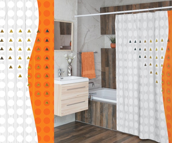 Orange And White Fabric Shower Curtain Modern Geometric Etsy