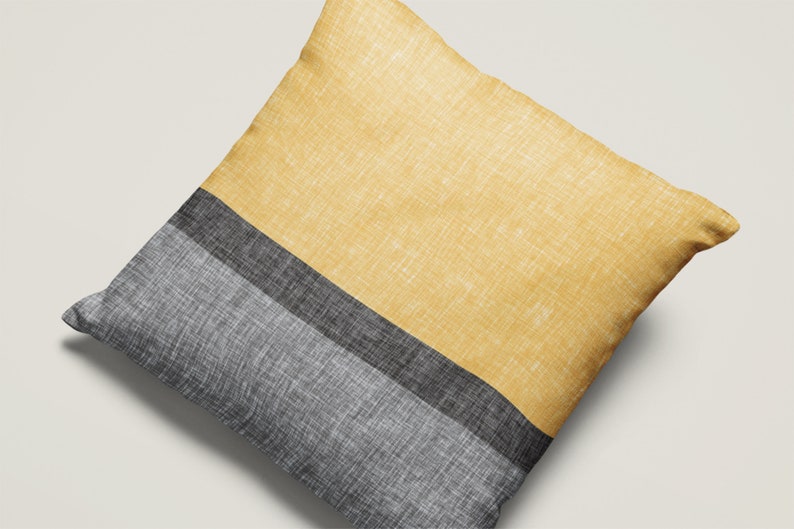 Modern Stripe Throw Pillow Cover Yellow Grey Charcoal Black, Colour Block Crosshatch Print Couch or Chair Cushion Case image 4