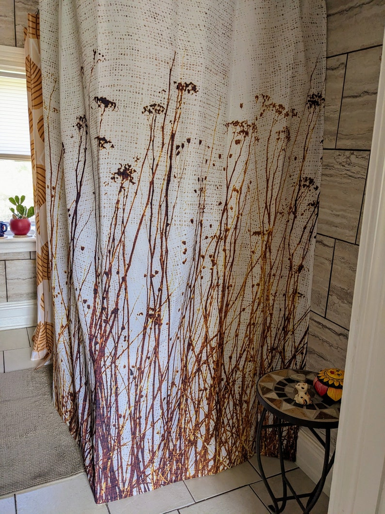 Dried Plants Primitive Gingham Pattern Shower Curtain, Modern Rustic Botanical Nature Country Home Décor, Brown Yellow Beige, Ships from USA image 2