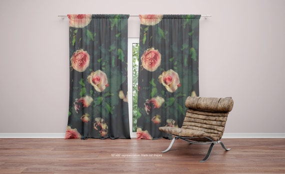 Pink Roses Window Curtains, Floral Home Decor, Sheer or Blackout Drapes (50x84)